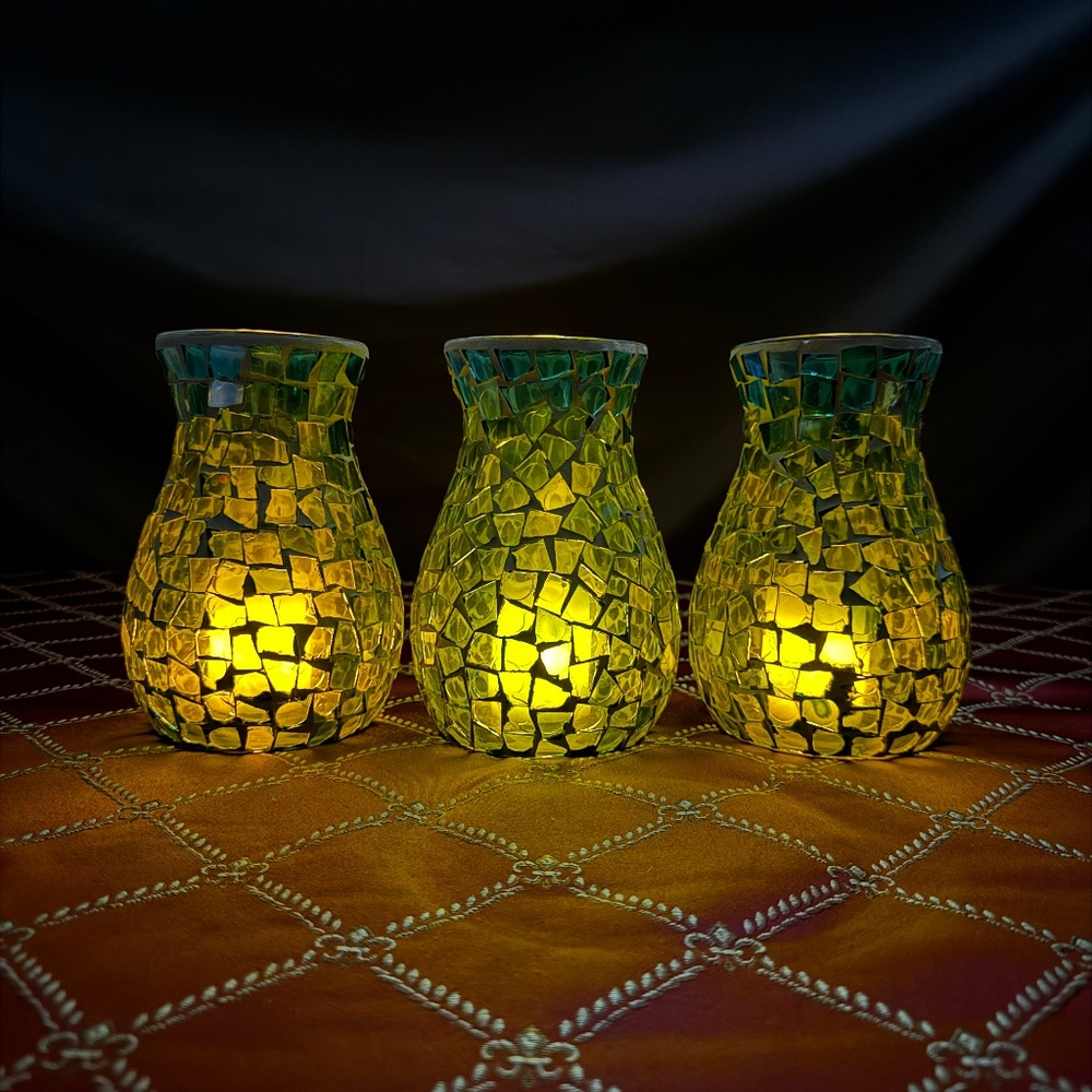 Mosaic Glass candle holders / Green colored glass / Sold as set of three